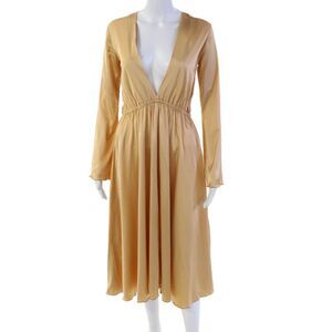 Giada Forte Women's V-Neck Long Sleeves Cinch Waist Flare Midi Dress Gold Size 2